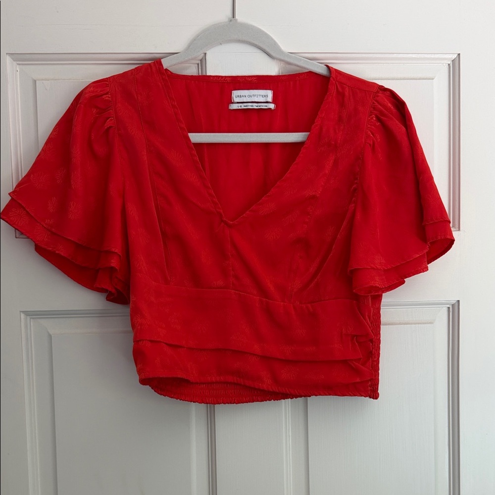 Urban Outfitters Red V-Neck Flutter Sleeve Crop Blouse